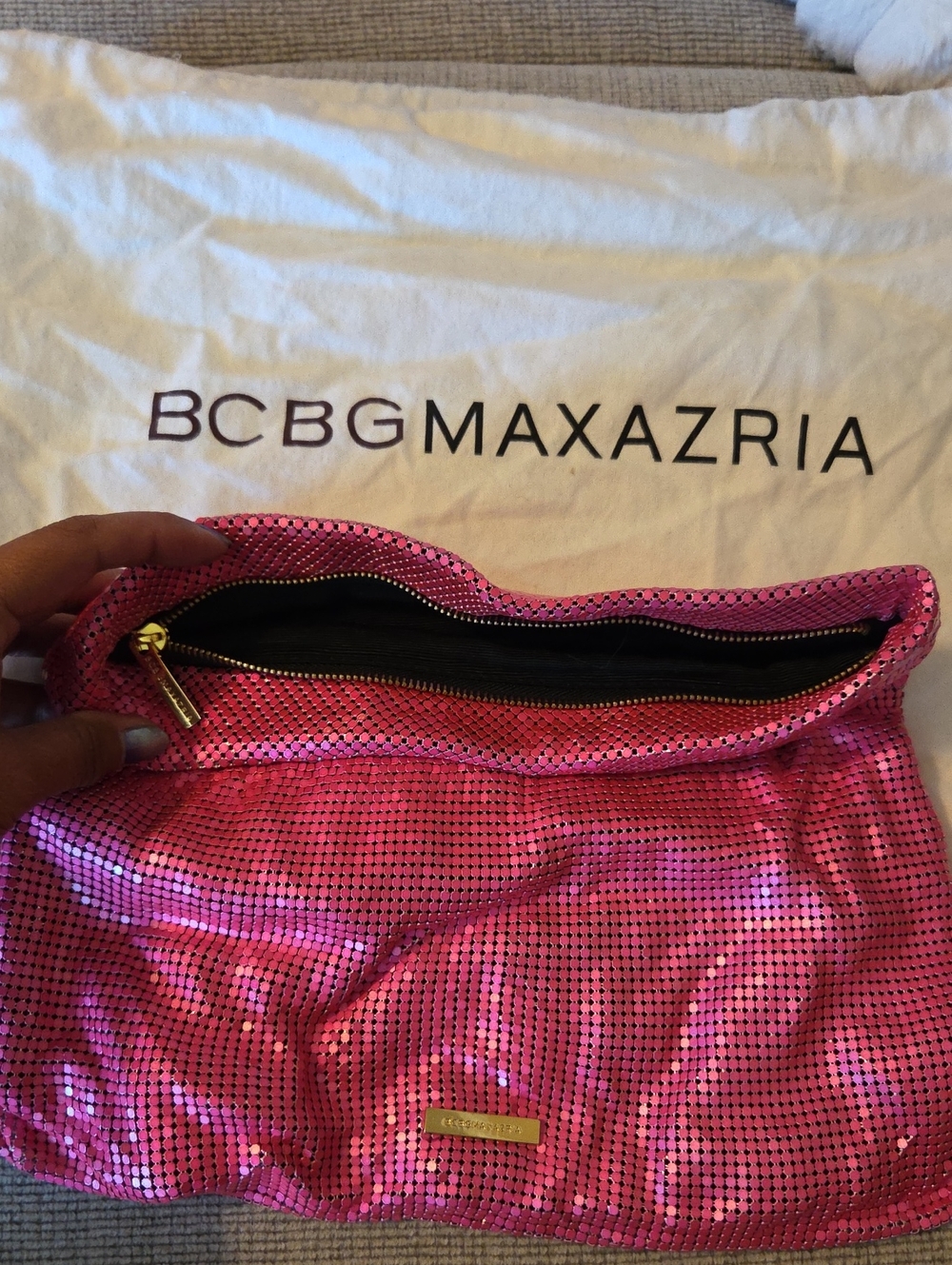 BCBGMaxAzria Hot Pink Sequin Fold-Over Clutch With Dust Bag